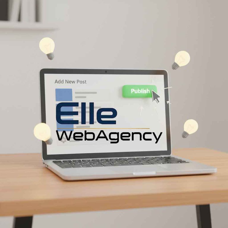 A friendly, simple, and clean 3D render for a blog post thumbnail. The image features a stylized, simplified open laptop screen displaying a very basic WordPress "Add New Post" interface. A glowing cursor icon is positioned over the "Publish" button. Around the laptop, there are gentle, encouraging elements like soft lightbulbs or small, simple arrows guiding the way. The background is a warm, inviting, light-colored desk. The mood is helpful, easy, and reassuring, targeted at beginners. --no logos, --no watermarks, --no text. Guida Facile per Iniziare: Come Pubblicare il Tuo Primo Articolo su WordPress (Anche se sei Principiante)