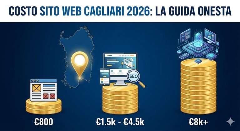 Infografica comparativa sul costo di realizzazione di un sito web a Cagliari e in Sardegna nel 2026. Mostra tre fasce di prezzo: sito base sotto €800, sito professionale con SEO tra €1.5k e €4.5k, e piattaforma complessa sopra €8k, con una mappa della Sardegna che evidenzia Cagliari.